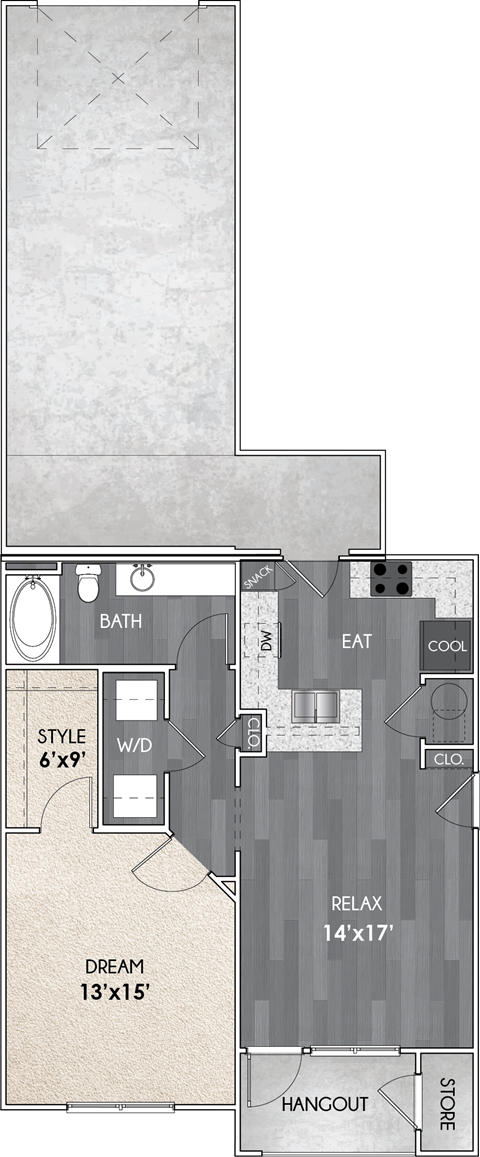 Floor plan for 1 bed, 1 bath, 785 sqft